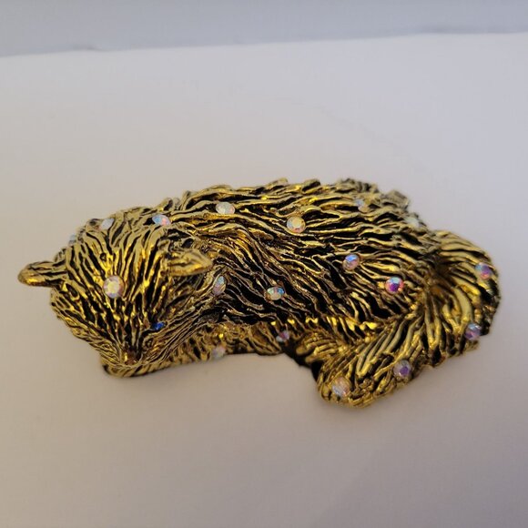 Jeweled Gold Cat Trinket Box With Hinged Lid & Velvet Lining - Picture 8 of 9